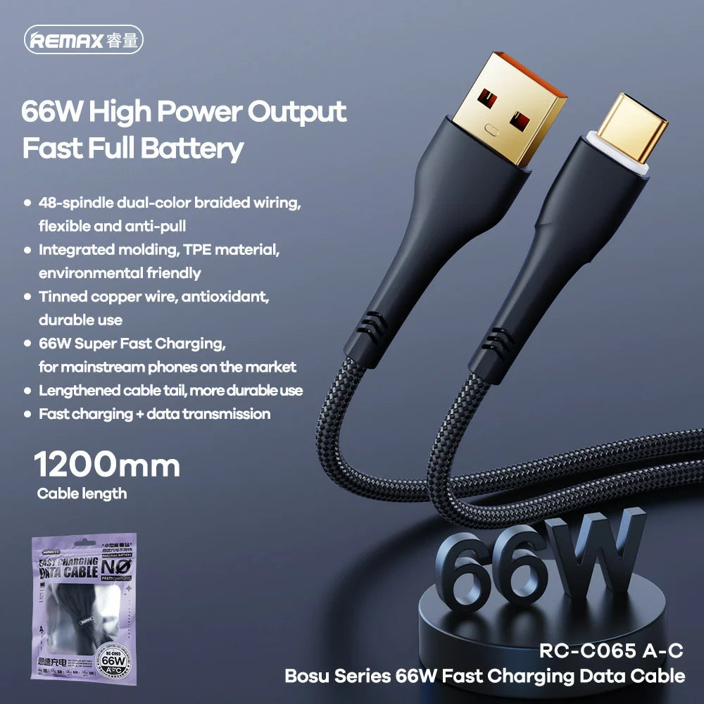Cable de charge rapide 66W Câble de données compatible AC 1.2M Noir REMAX RC-C065