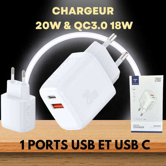 Chargeur TEN SPACE  PD 20W & QC3.0 18W, 1 ports USB et USB C