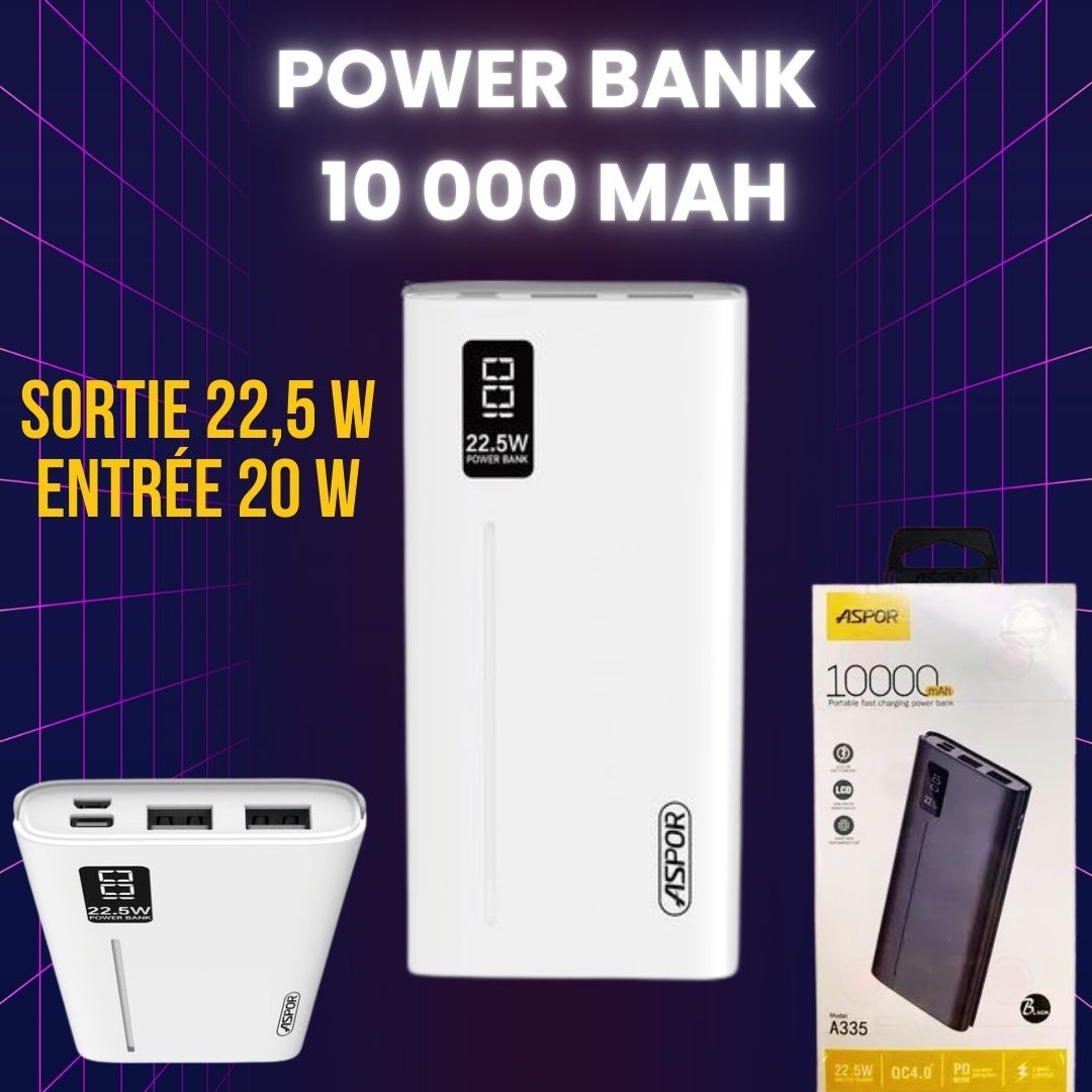 Power Bank 10 000 mAh, charge ultra rapide, sortie 22,5 W, entrée 20 W,2 INPUT(TYPE C,MICRO) , 3 OUTPUT (2USB+1TYPE C ) Aspor A335