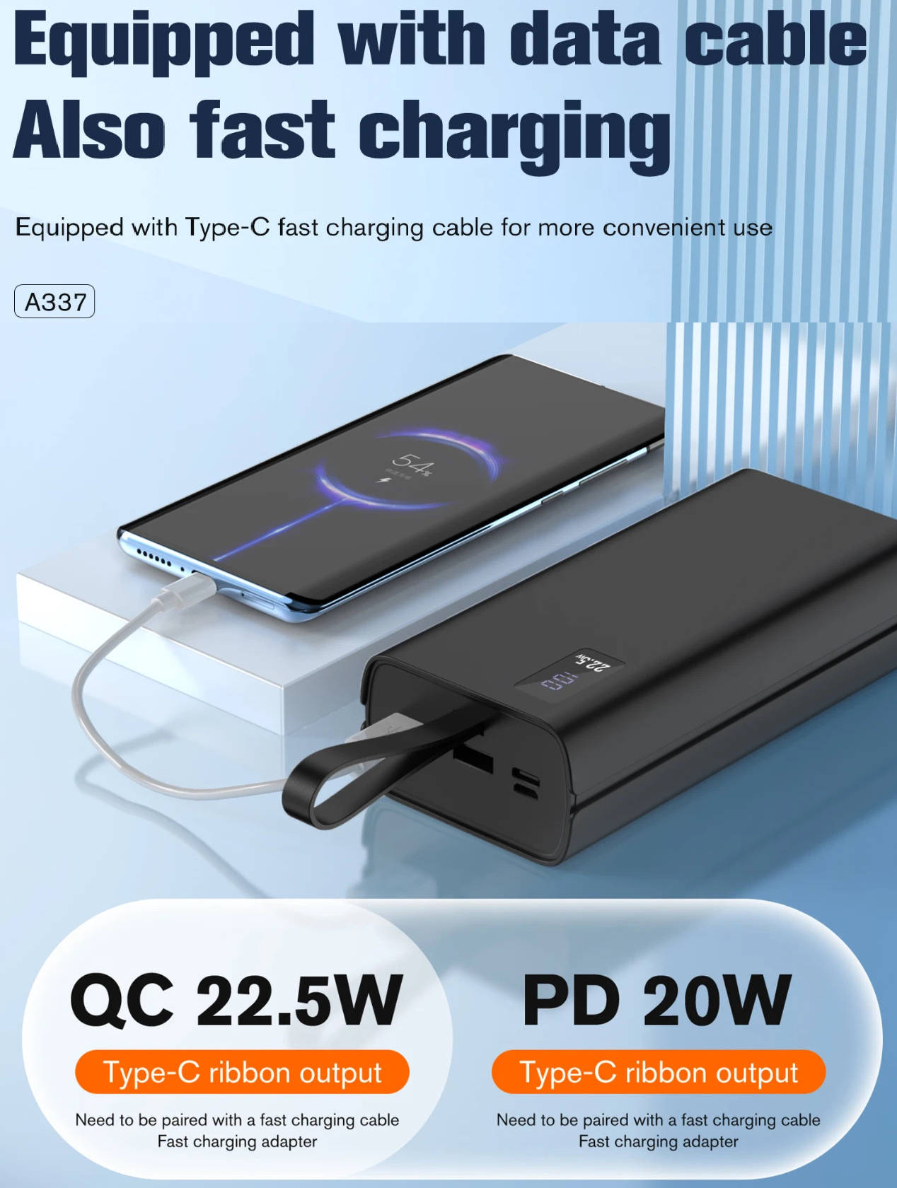 Powerbank Aspor 30000mAh, charge rapide 22,5W, LCD , 2 INPUT(TYPE C,MICRO USB) , 3 OUTPUT ( 2USB+1 TYPE C ) A337