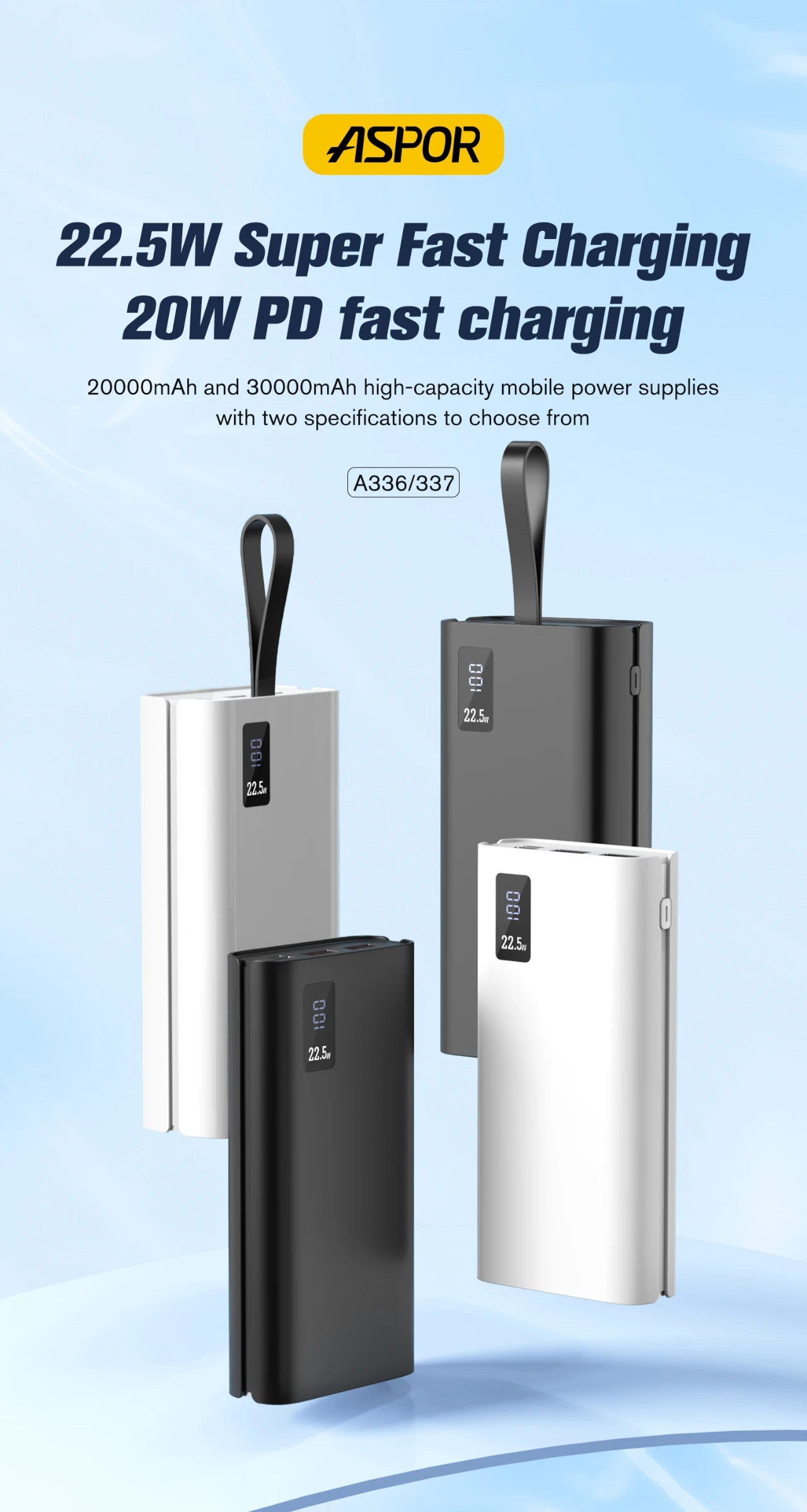 Powerbank Aspor 30000mAh, charge rapide 22,5W, LCD , 2 INPUT(TYPE C,MICRO USB) , 3 OUTPUT ( 2USB+1 TYPE C ) A337