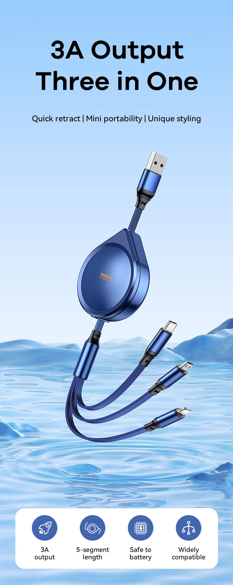 Câble USB Fast Charge Bleu 3 en 1 Remax RC-C018 15W Charge Rapide